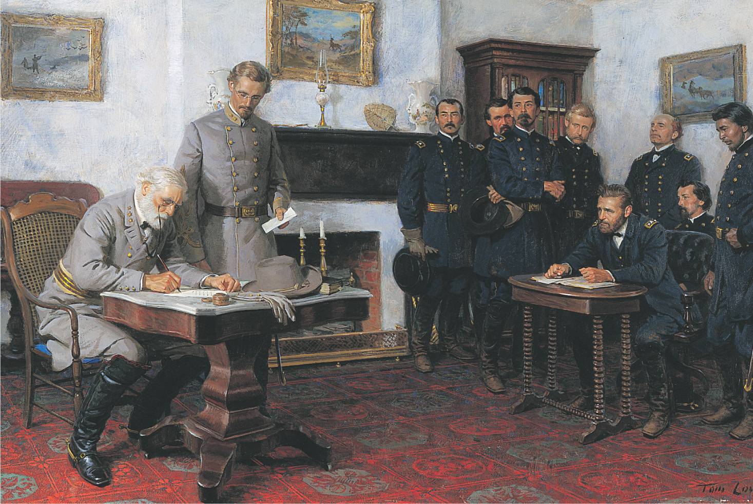 A painting: Lee sits at a desk, signing a document, as Grant and his officers watch frm across the room.