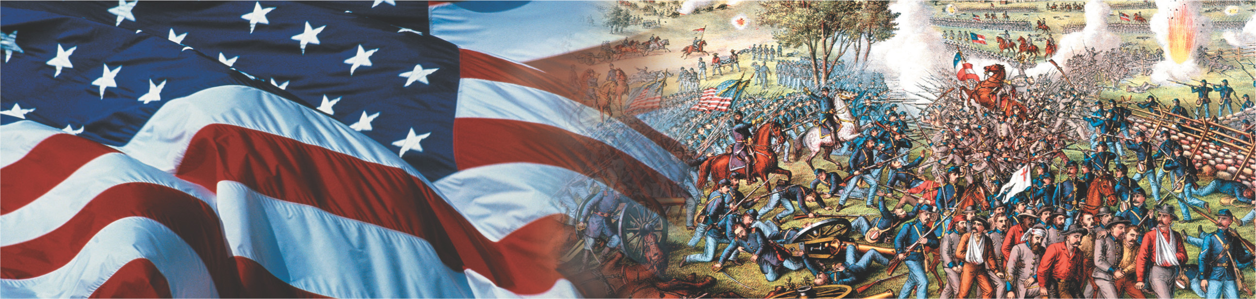 Banner: an American flag and a painting of Union and Confederate armies fighting on a battlefield.