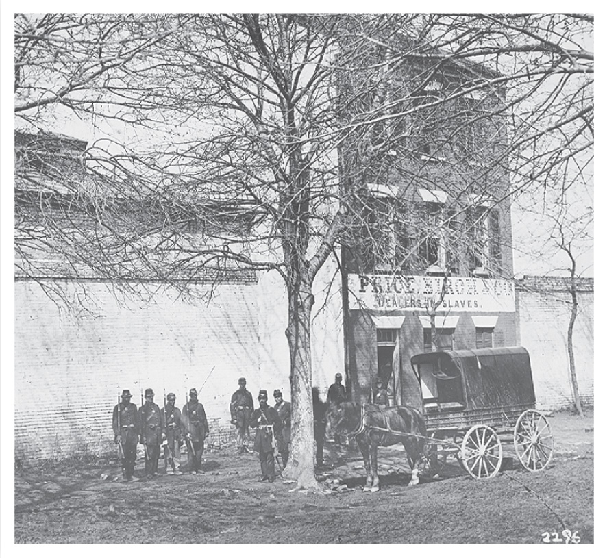 In a photo soldiers stand outside a building with a sign that reads Price, Birch and Company, Dealers in Slaves.