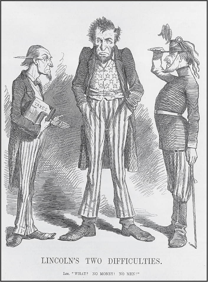 A cartoon shows Lincoln surrounded on one side by a tax collector with his hand out, and on the other by a soldier. The caption reads Lincoln's Two Difficulties. What? No money! No men!
