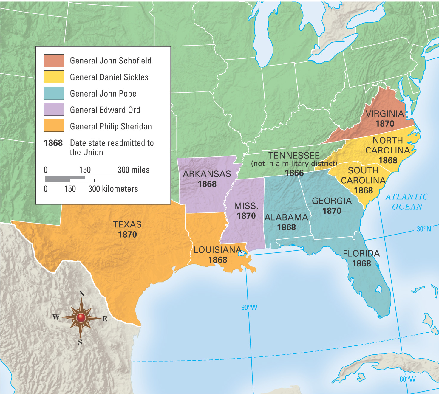A map shows the Confederate States in different military districts. 
