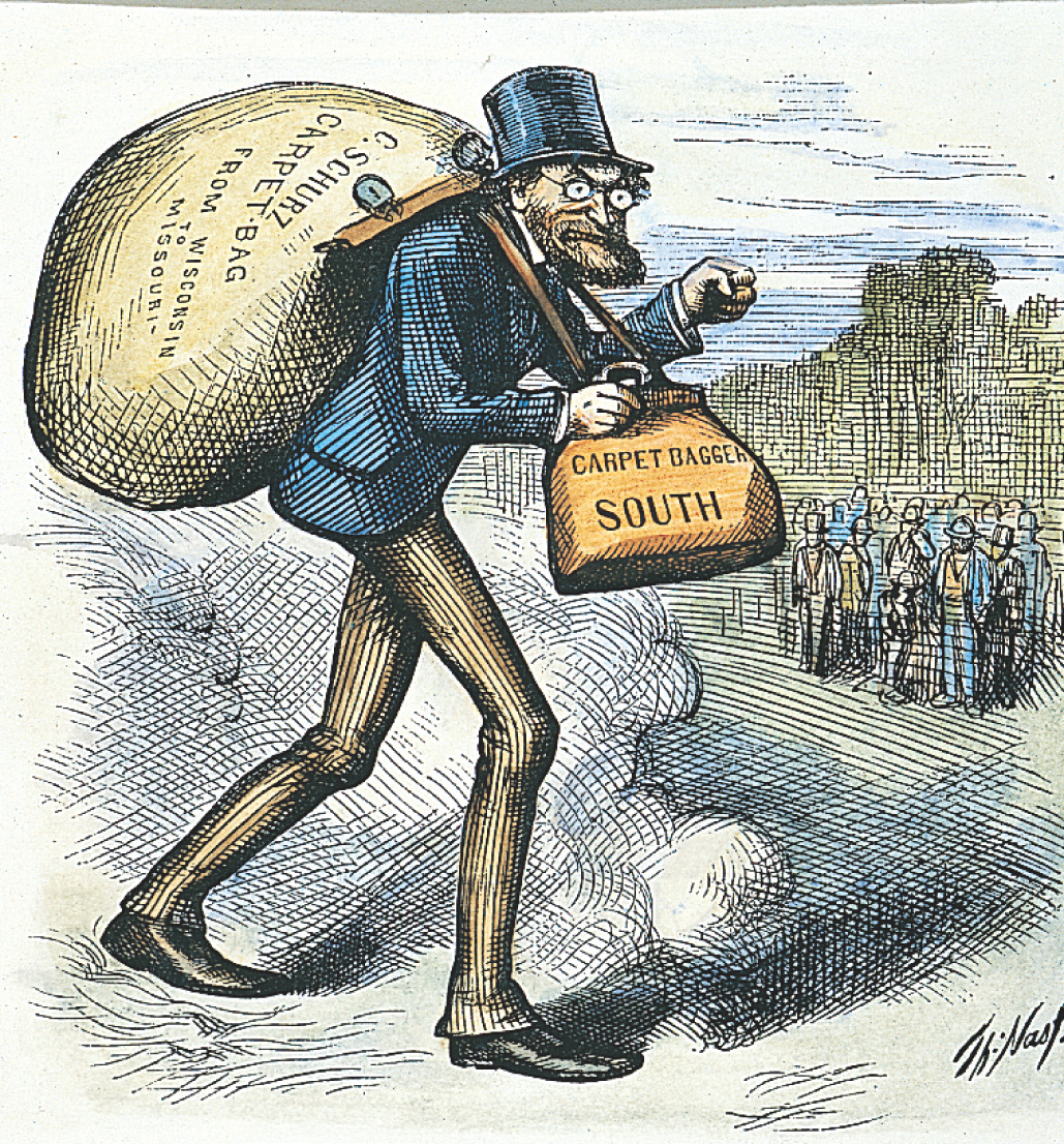 In a cartoon, a man in a top hat carries a carpet bag marked South. On his back is a bag labled C. Schurz, carpet-bag from Wisconsin to Missouri.