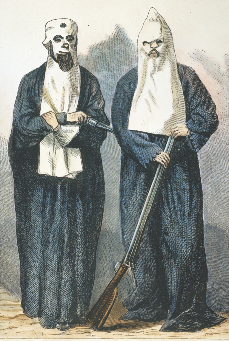 An illustration: men holding guns wear robes with white hoods.