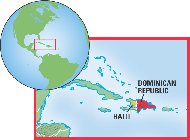 A map of the Caribbean region shows one island divided into two countries, the Dominican Republic and Haiti.