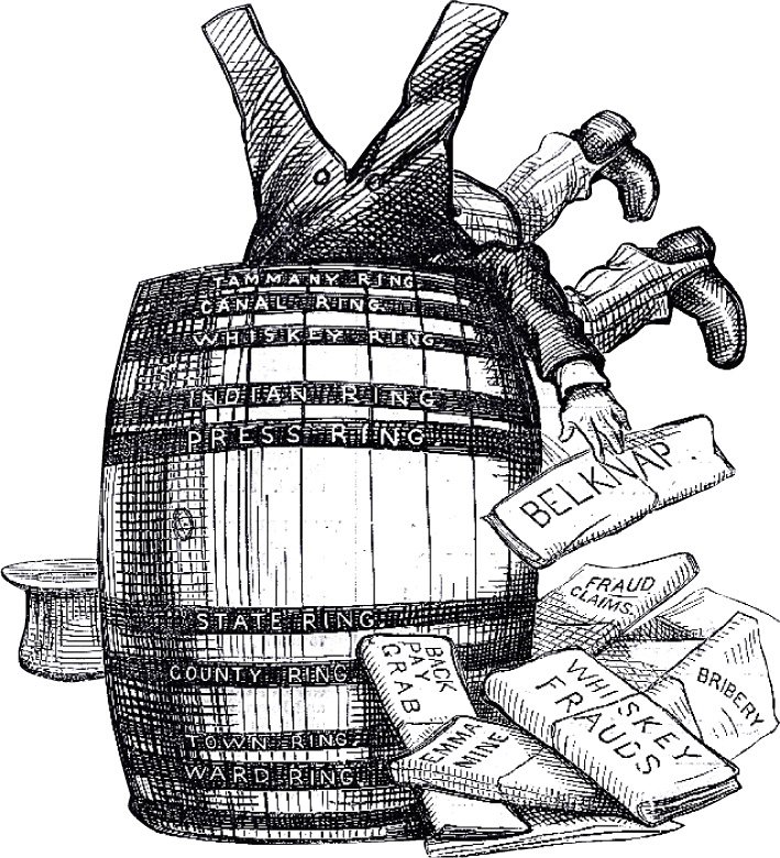 A cartoon shows Grant falling headfirst into a barrel. Each ring of the barrel is labled with issues such as Tammany, Canal, Whiskey, Press, and Indian. Grant drops packets representing scandals on the ground. The packets are labled Belknap, Fraud Claims, Bribery, Whiskey Frauds, Back Pay Grab, and Emma Mine.