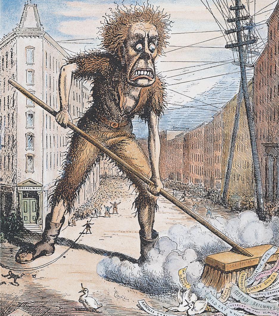 A cartoon shows a wild-eyed figure in ragged clothes sweeping trash off a street lined with tall buildings.