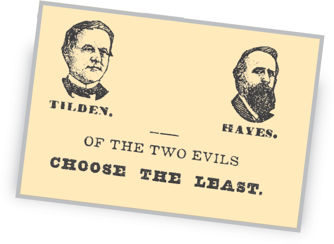 An ad shows sketches of Tilden and Hayes, above the words Of the two evils, choose the least.