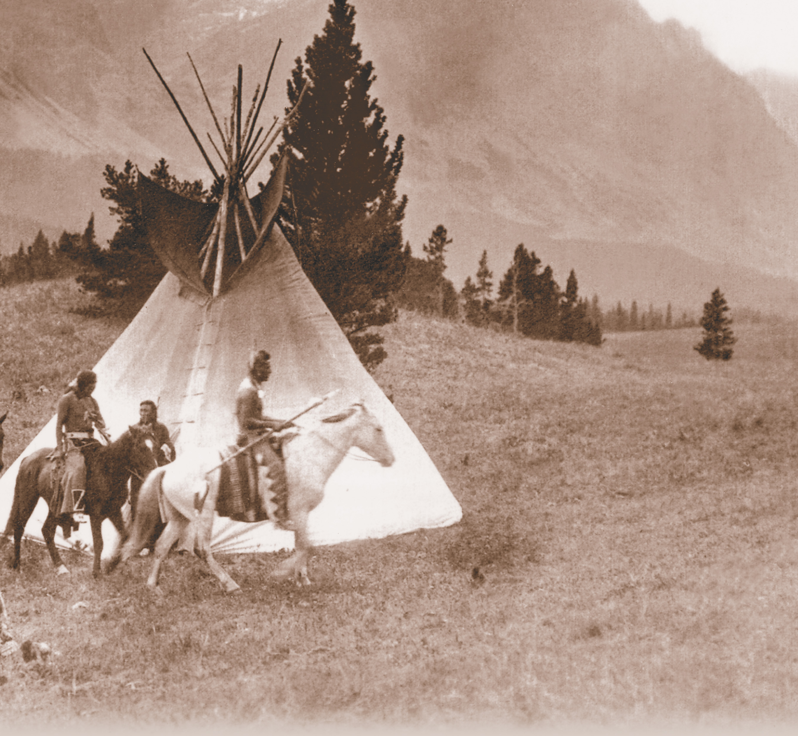A photo shows members of a Native American tribe. Men ride horses, while women and children gather near a tepee. A title: Changes on the Western Frontier.