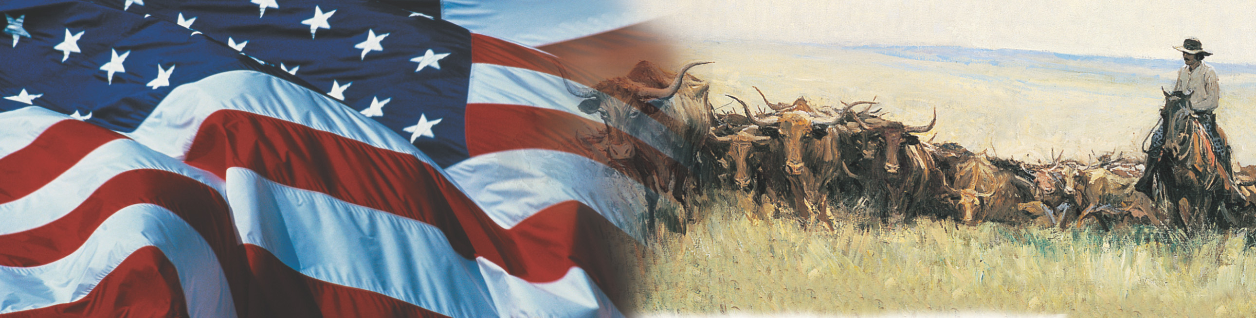 Banner: an American flag and a painting of a cowboy on horseback driving a herd of longhorn cattle.