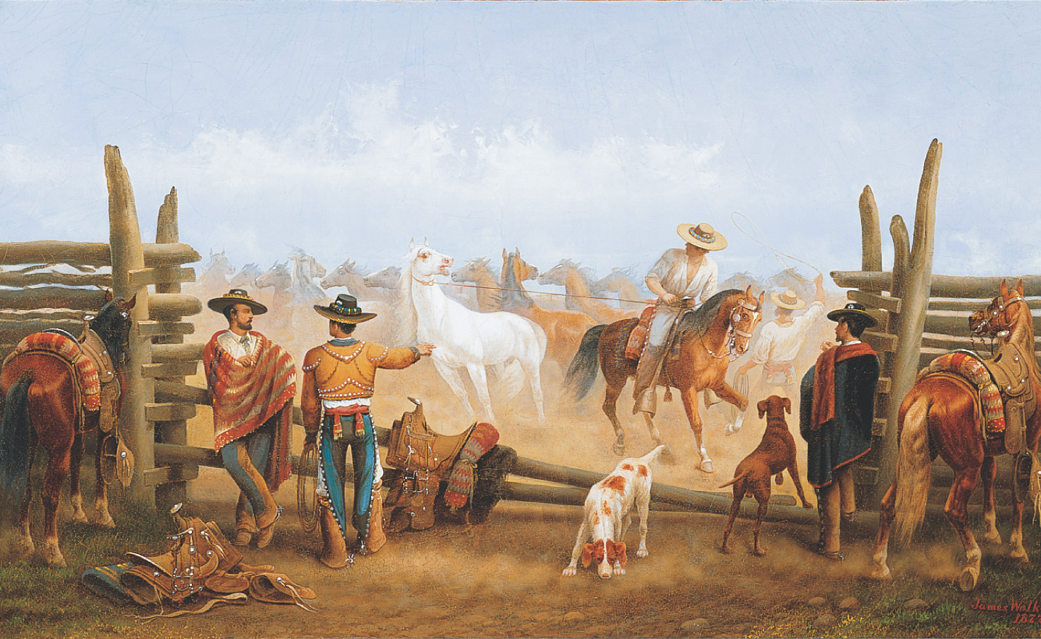 A painting: men wearing wide-brimmed hats, chaps and spurs round up horses in a corral.