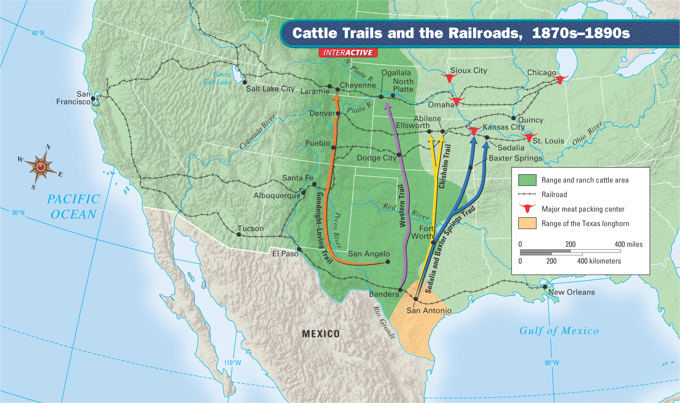 A map titled Cattle Trails and the Railroads, 1870s-1890s.