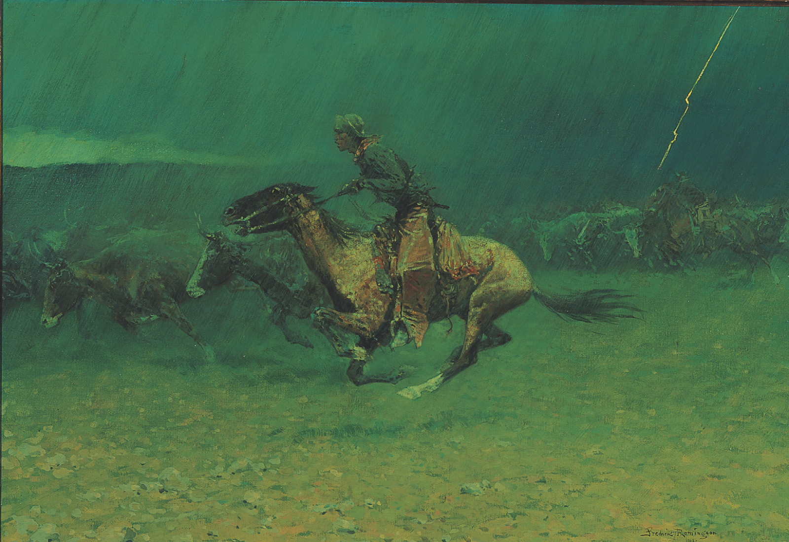 A painting: a cowboy rides a charging horse through a rainstorm, driving a herd of cattle. A lightning bolt strikes nearby.