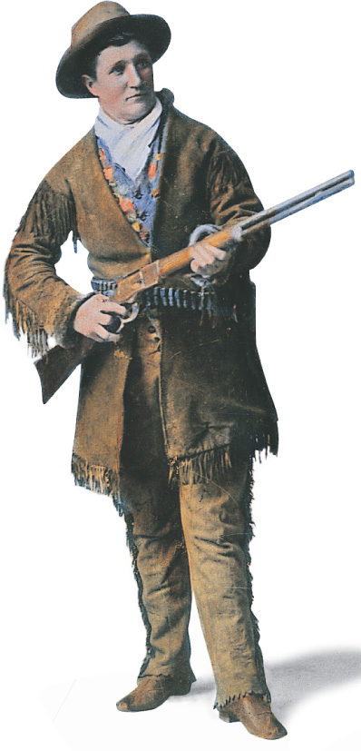 A portrait of Calamity Jane holding a rifle.