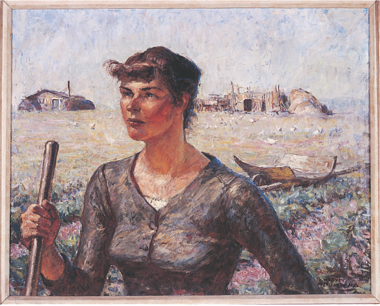 A painting: a woman stands in a field. 
