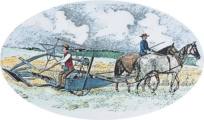 A painting: a man uses a horse-drawn reaping machine.