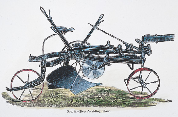 An illustration: a plowing machine with a seat and control levers. A caption: Deere's riding plow.