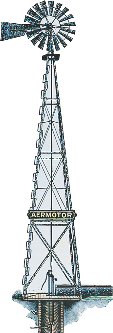 An illustration: A windmill labled Aermotor is connected to an underground well.