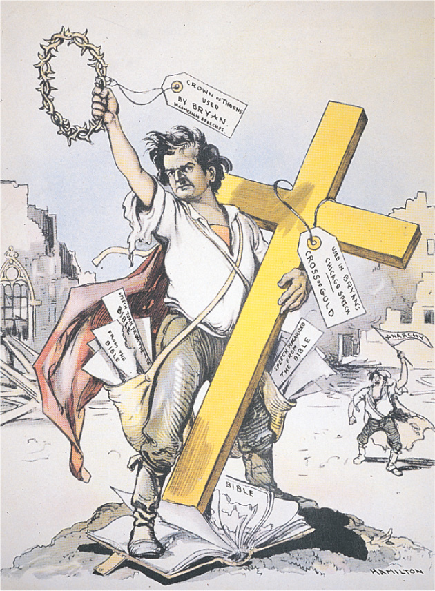 A cartoon shows Bryan standing on the bible, holding a cross made of gold and a crown of thorns.