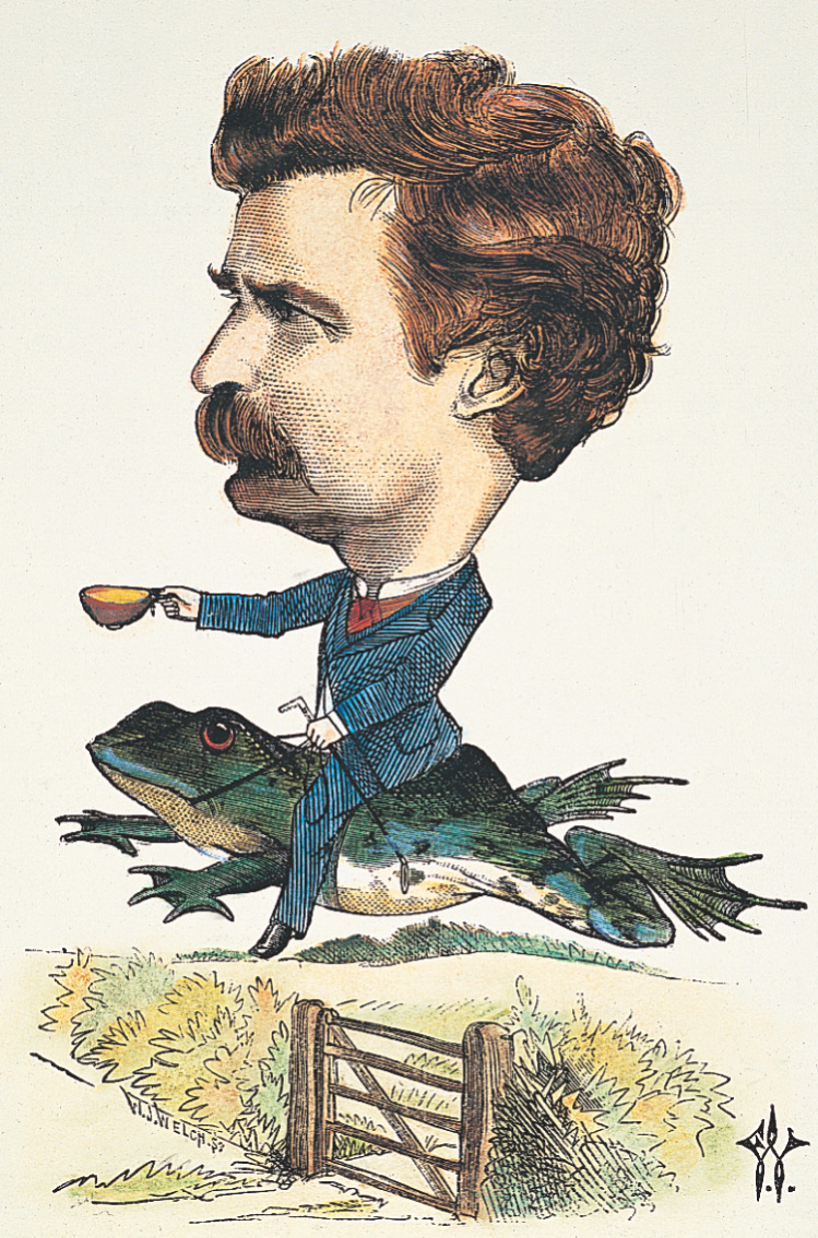 A cartoon: Mark Twain sits on the back of a frog as it jumps over a fence.