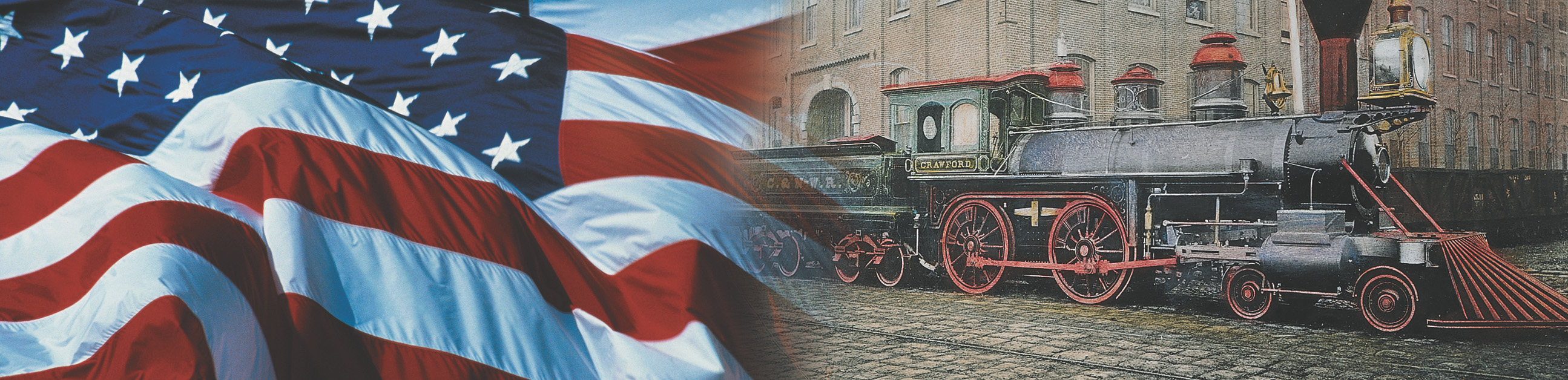 Banner: an American flag and a photo of a train.