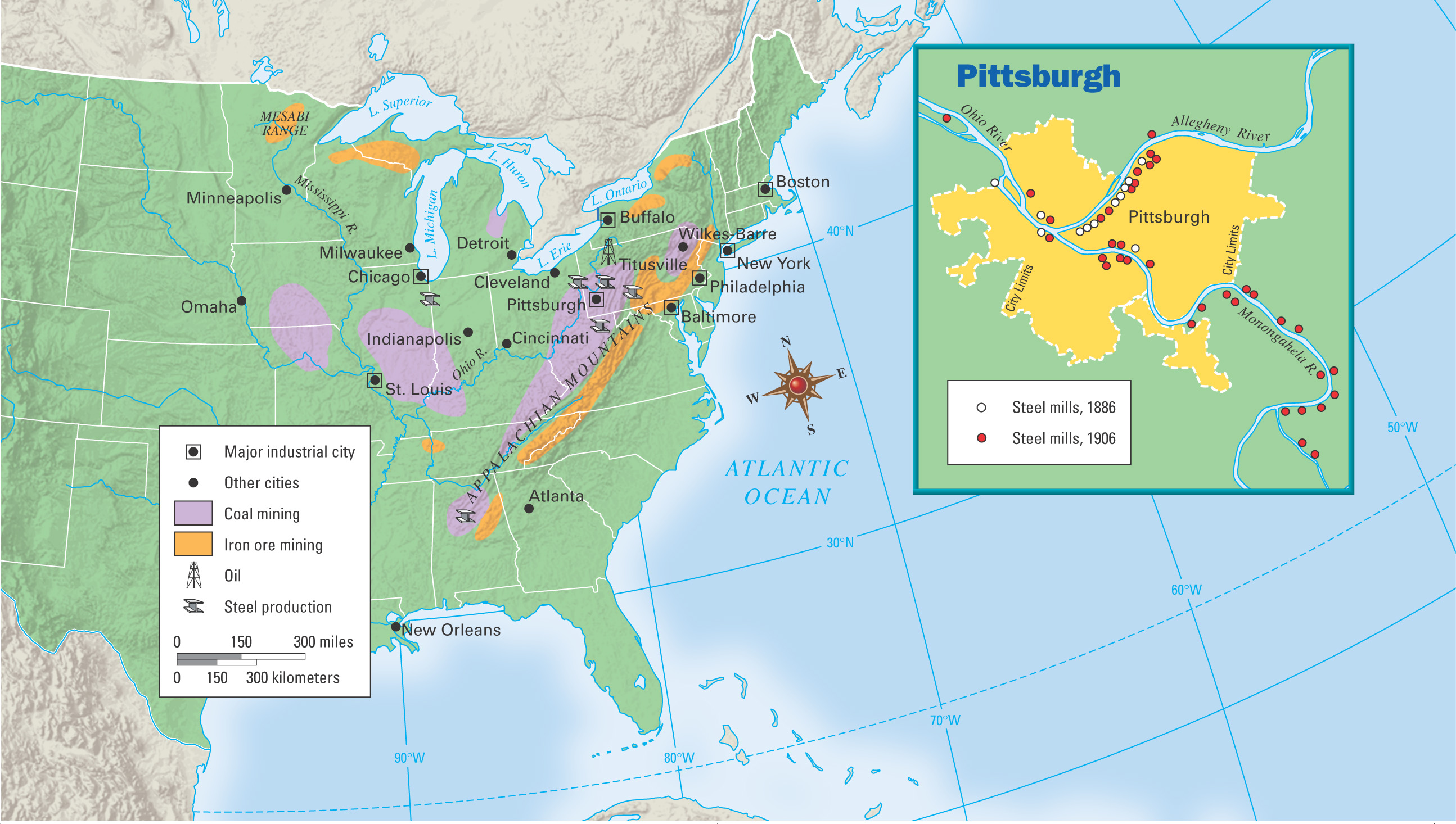 A map shows the industrial centers of the northeast and midwest.
