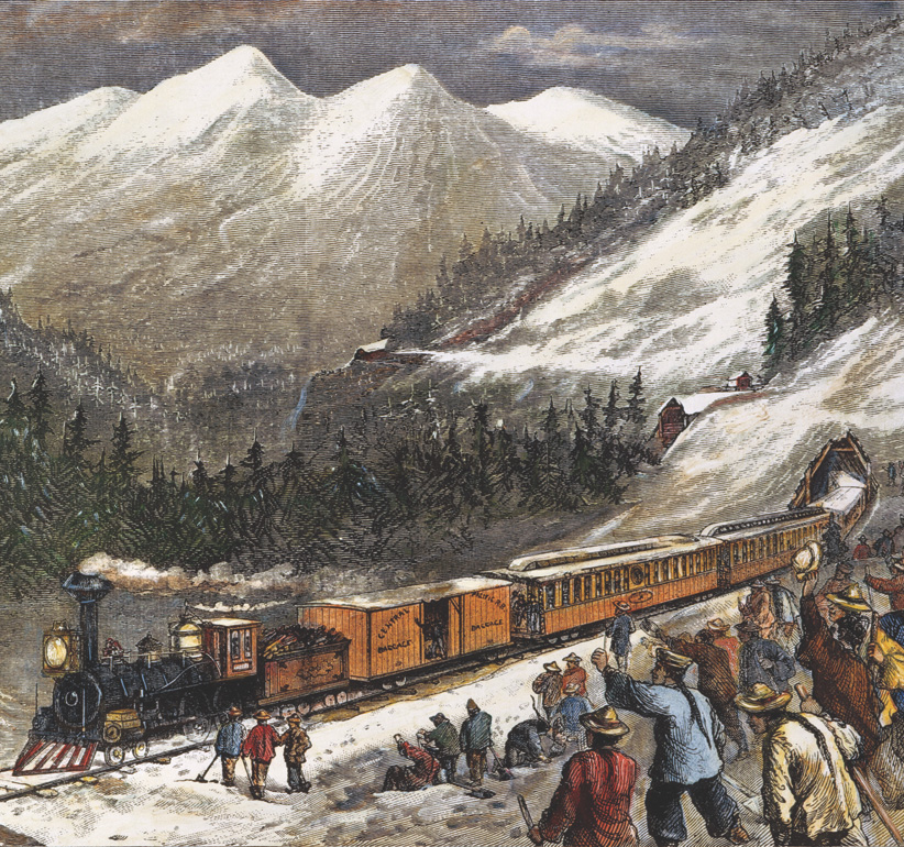 A painting: ponytailed workers wearing Chinese-style straw hats cheer as a train drives out from a tunnel through a snowy mountain.