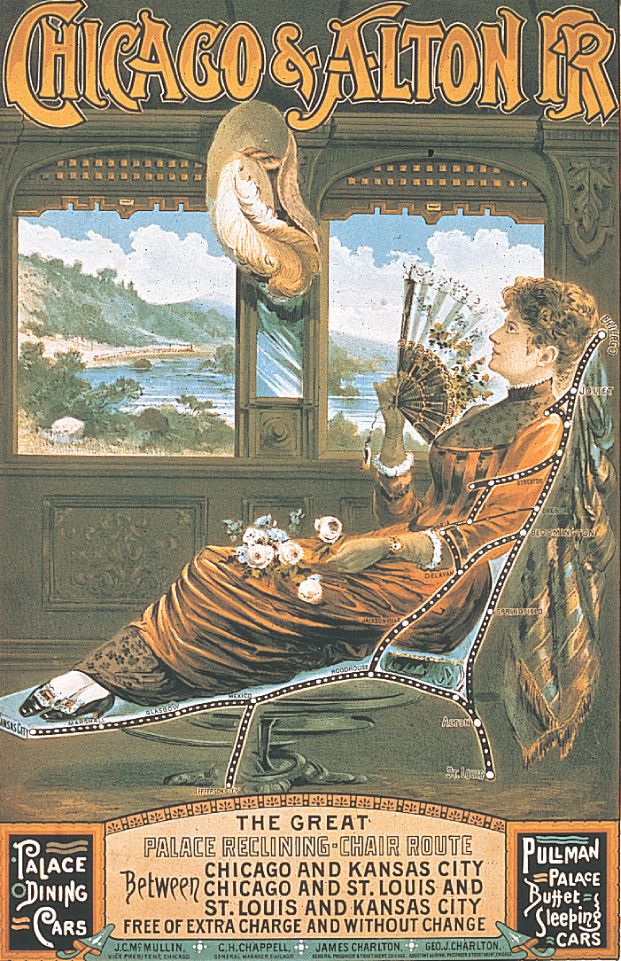 An advertisement titled Chicago and Alton RR: a woman on a train fans herself while sitting in a reclining chair.