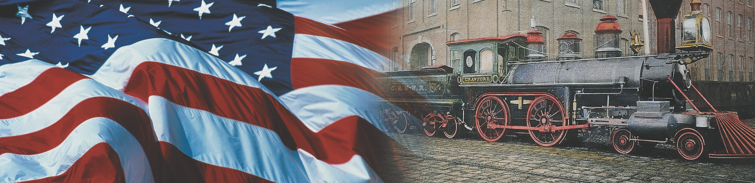 Banner: an American flag and a photo of a train.