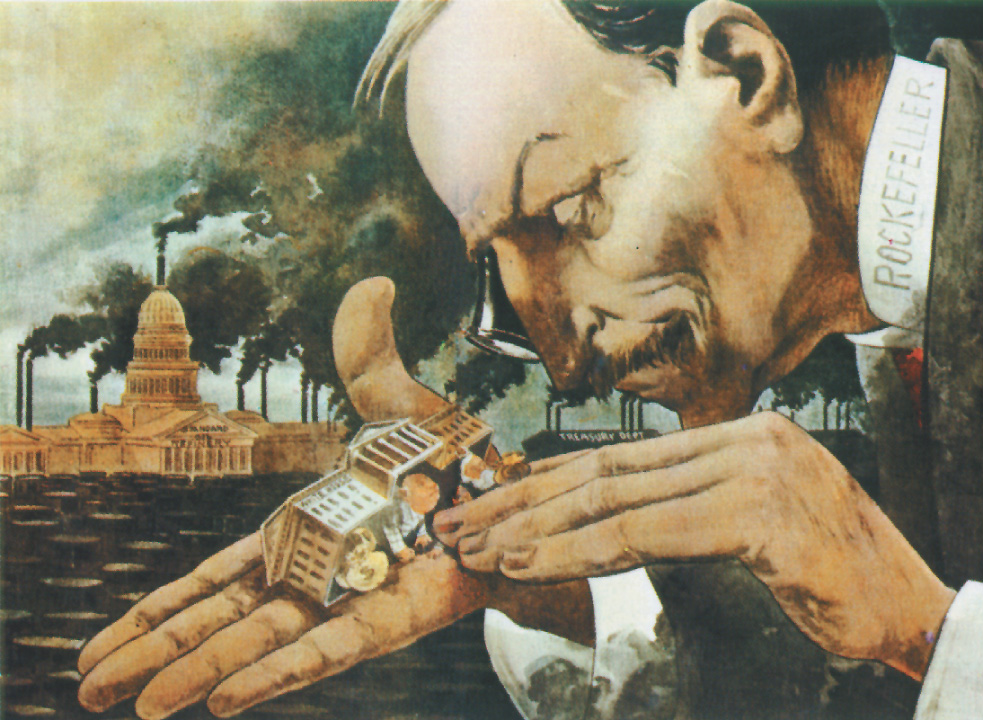 A cartoon: Rockefeller holds the White House in his hand, and examines the people and money inside through a jeweler's loupe.
