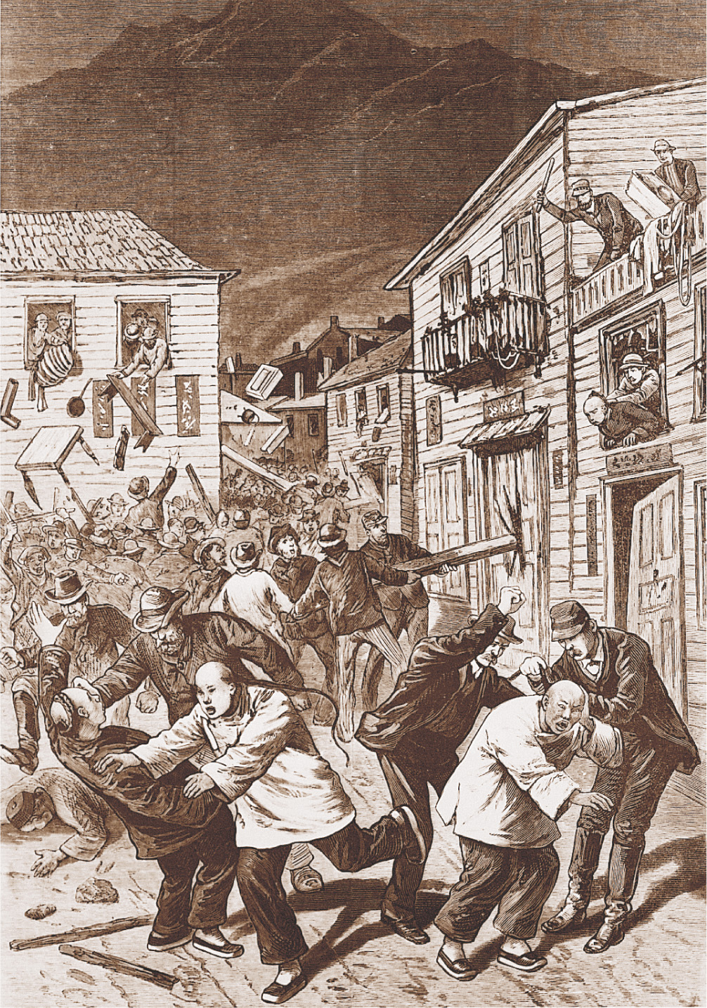 An illustration: a mob of white people attacks Chinese immigrants in the street, and smashes open doors.