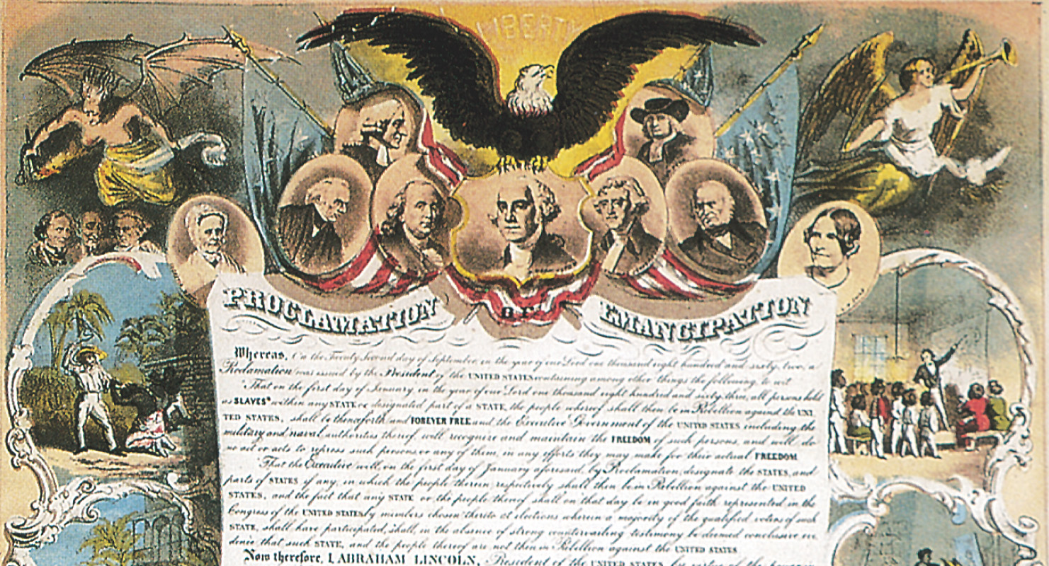 A painting depicts founding fathers above the Emancipation Proclamation document.