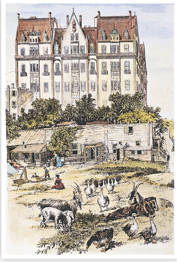 An illustration: A large building towers over small shacks with livestock grazing nearby.