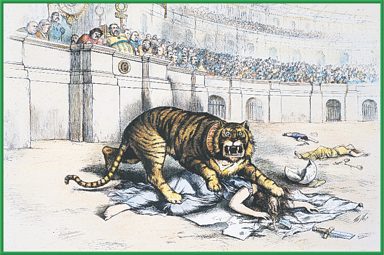 A cartoon: in a roman coliseum, a tiger attacks a woman. A sword and scales lie on the ground nearby. In the crowd, Boss Tweed watches from the emperor's box.