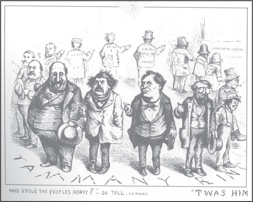 A cartoon: Boss Tweed and others stand in a circle labled Tammany Ring, each pointing a finger at the man to his left. A caption: Who stole the people's money? Do tell.