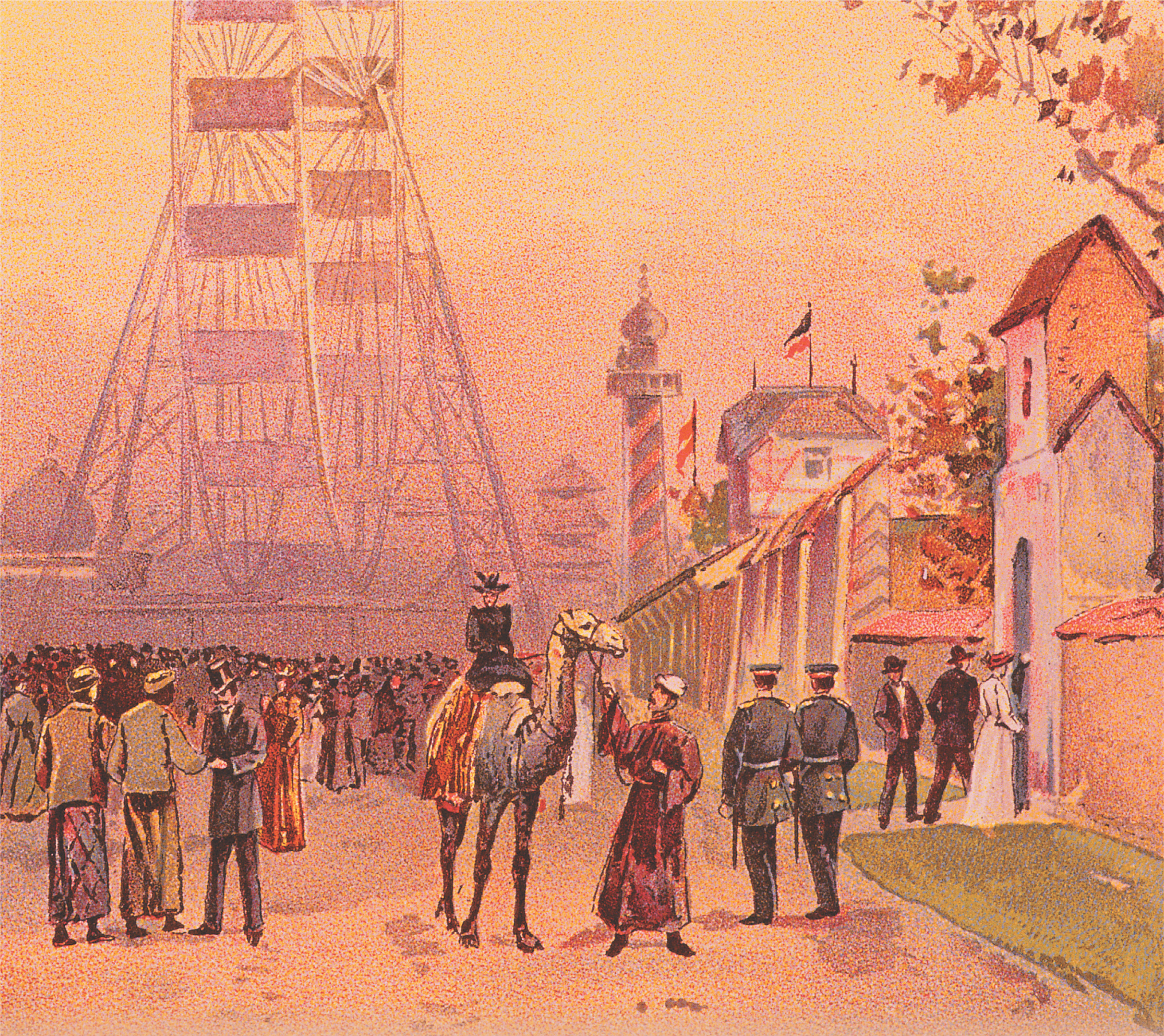 A painting: a crowd gathers around exhibits at the Chicago World's Columbian Exhibition. A title: Life at the Turn of the 20th Century.