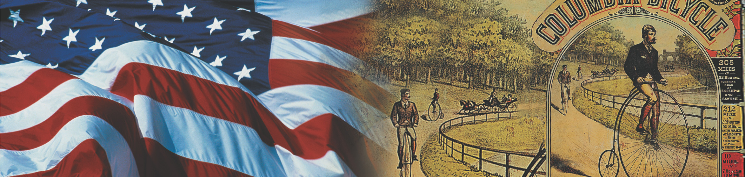 Banner: an American flag and a painting of men racing high-wheeled Penny Farthing bicycles.