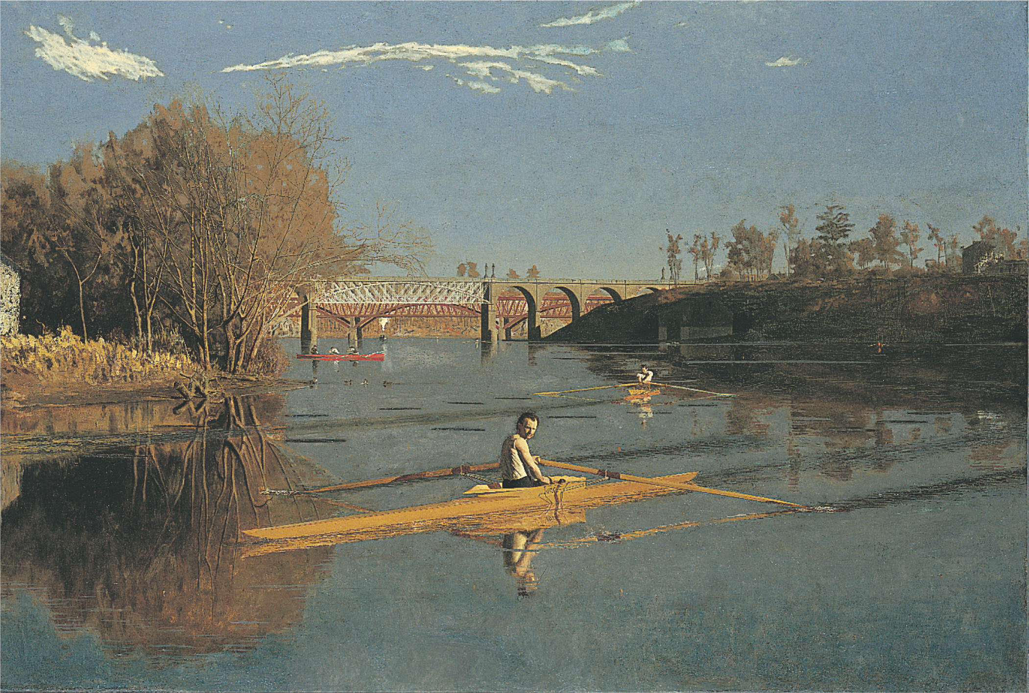 A Painting: a man rows a racing boat.