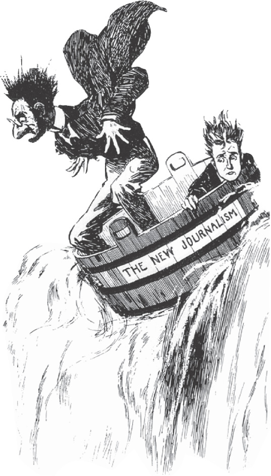 A cartoon: Pulitzer and Hearst ride a barrel labled The New Journalism over a waterfall.