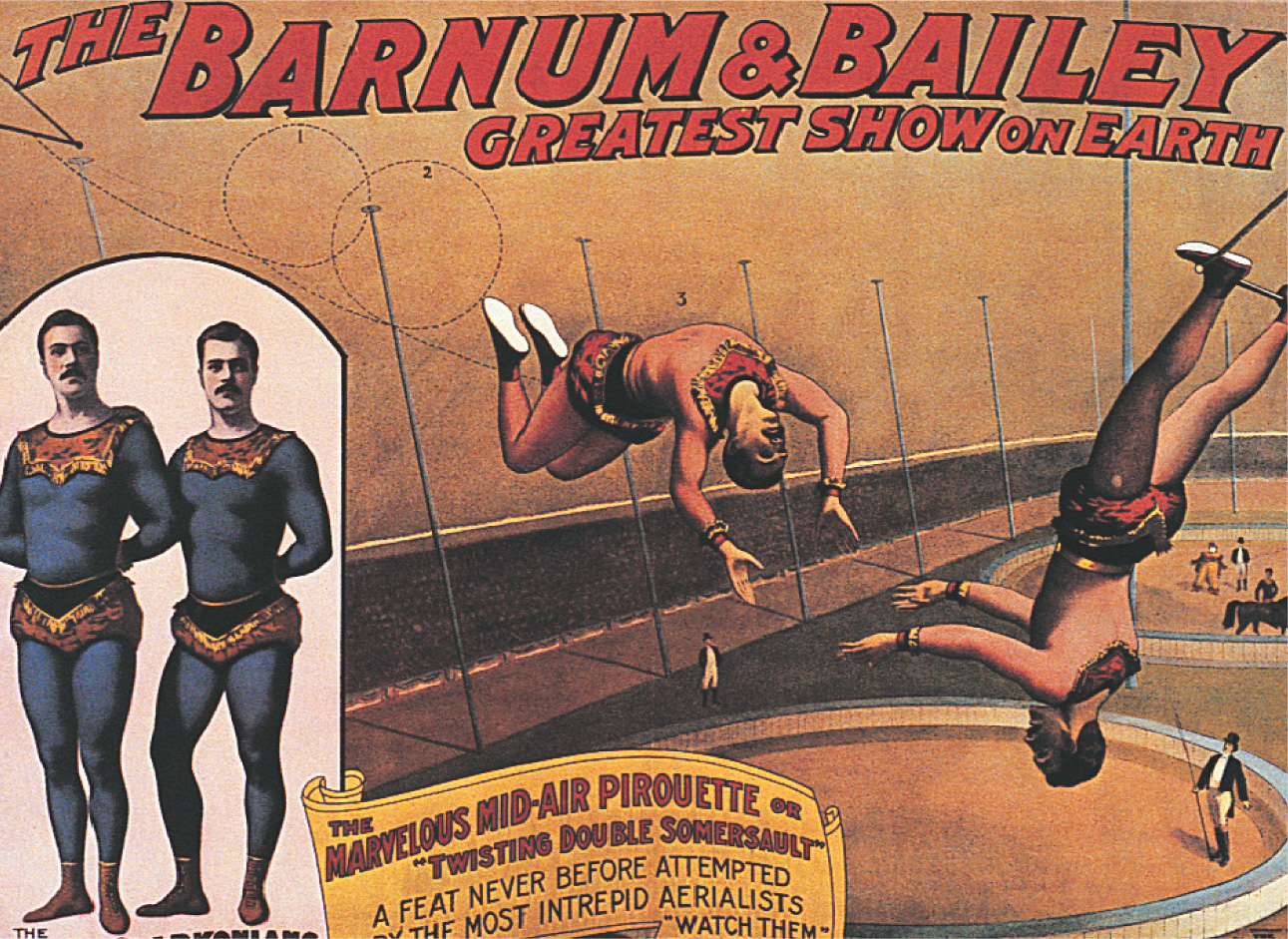 A poster: circus performers swing from a trapeze. The Barnum and Bailey Greatest Show on Earth.