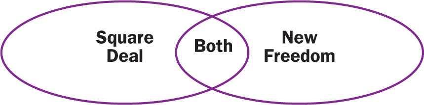 Venn diagram: shows two intersecting ovals, one labeled Square Deal, the other New Freedom.  The small area of intersection is labeled Both.