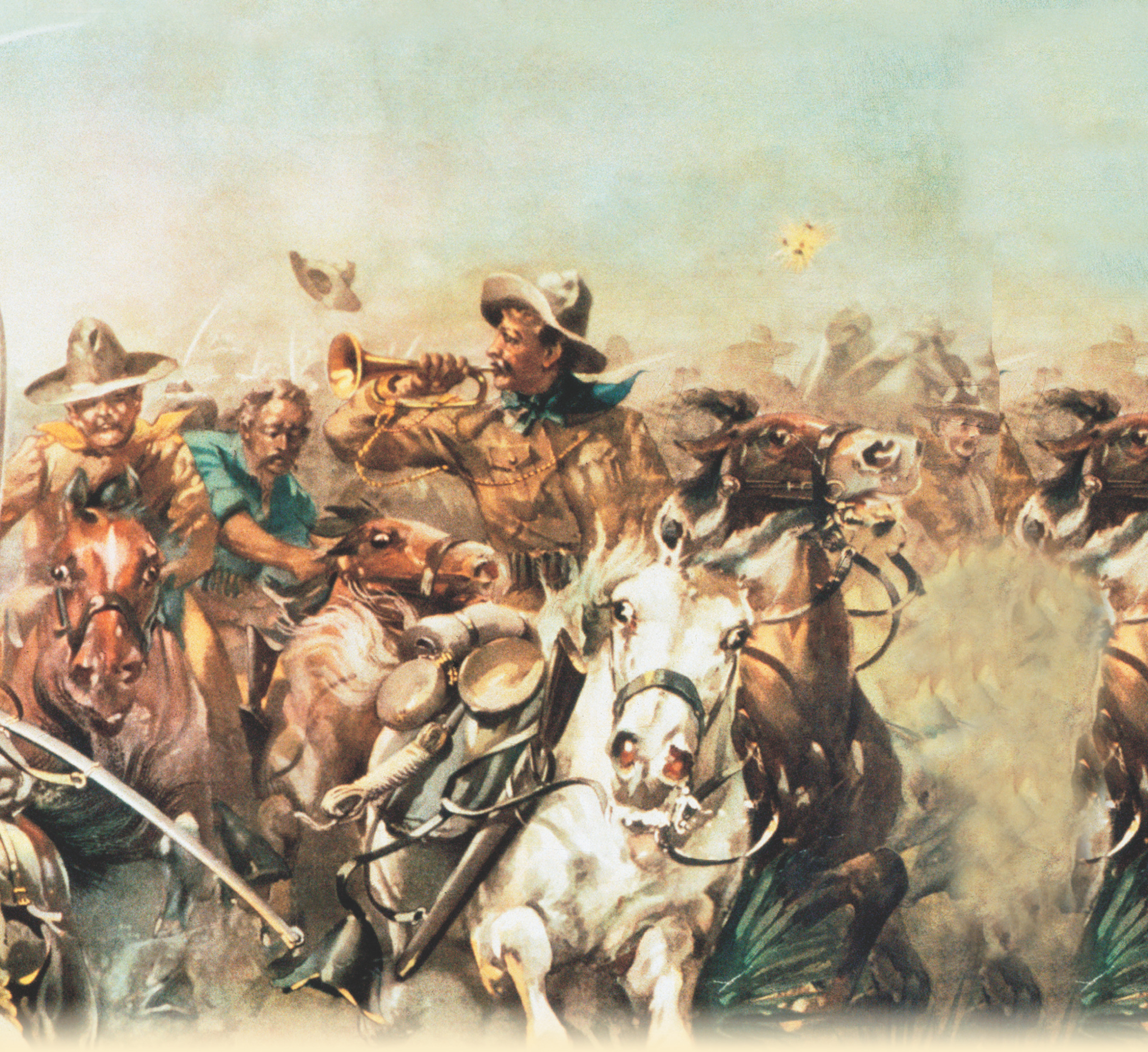 Lithograph: Roosevelt leads his Rough Riders on horseback