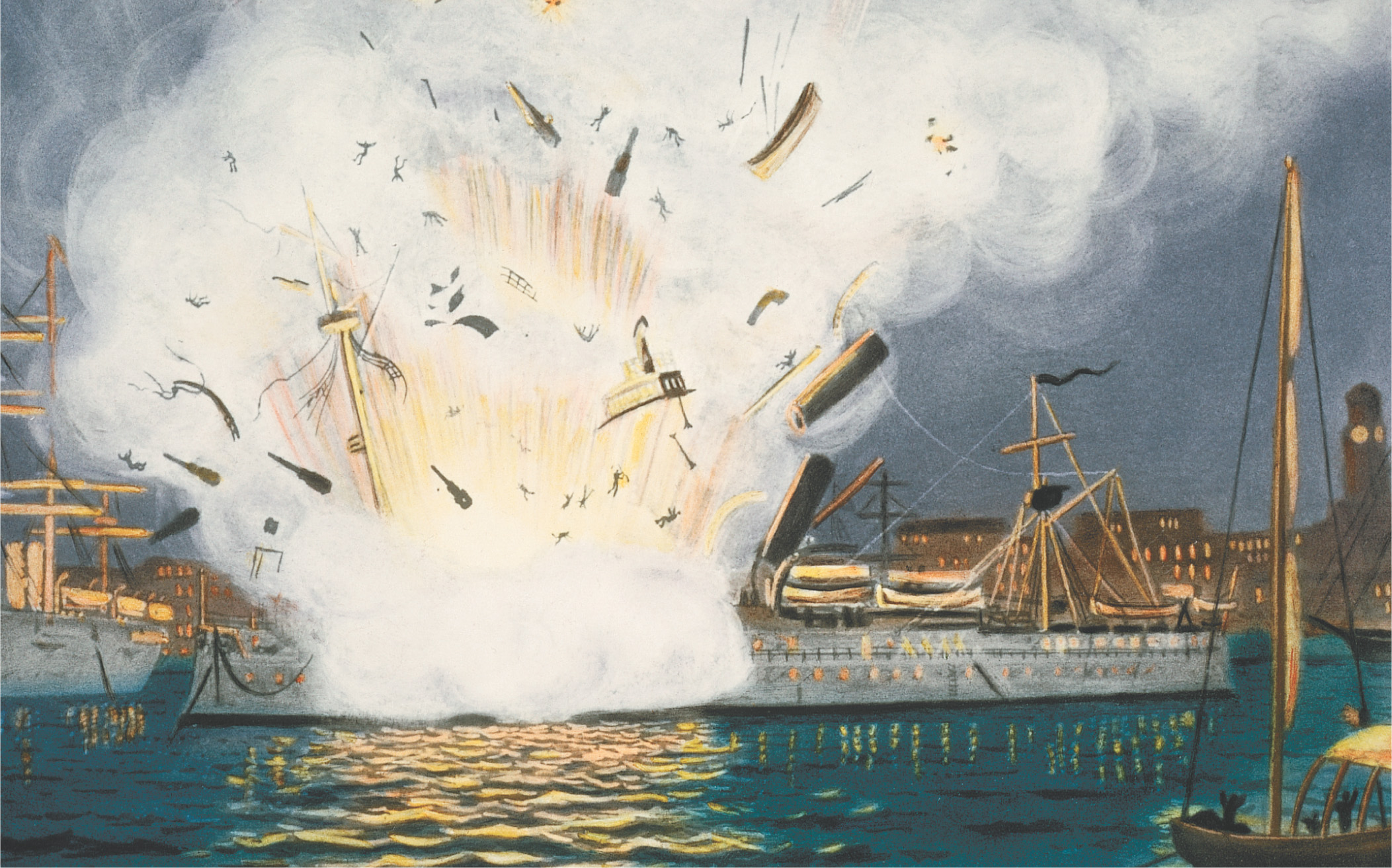 Painting: a ship explodes