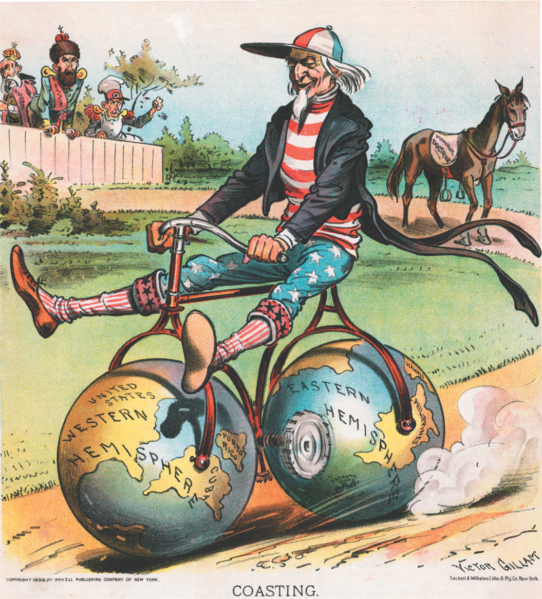Cartoon: Uncle Sam rides a bicycle with globes for wheels.  Caption: Coasting.