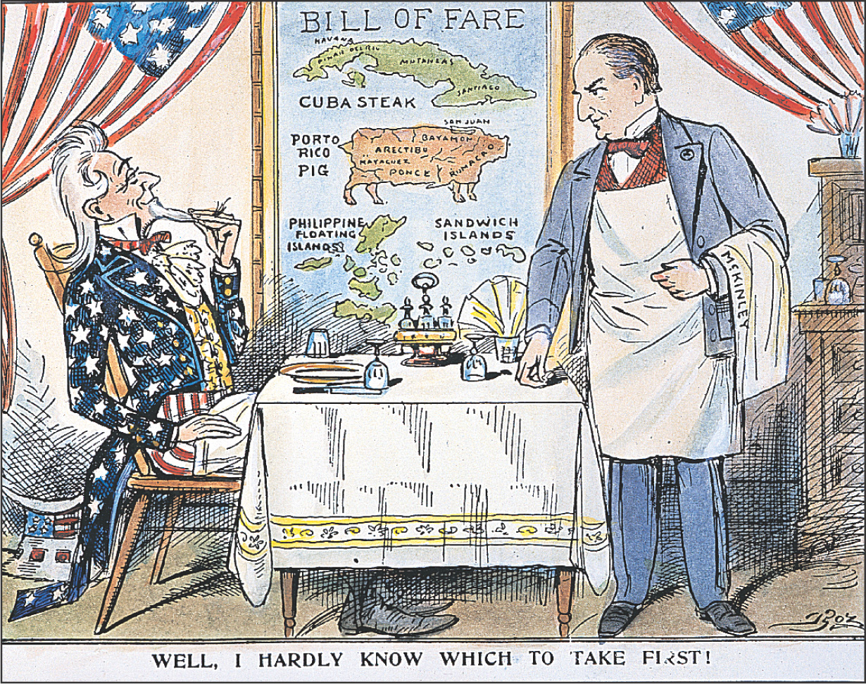 Cartoon:  Uncle Sam sits at a table reading a bill of fare that includes Cuba steak, Porto Rico pig, Philippine floating islands, and Sandwich islands.  He says Well I hardly know which to take first. The waiter's towel reads McKinley. 