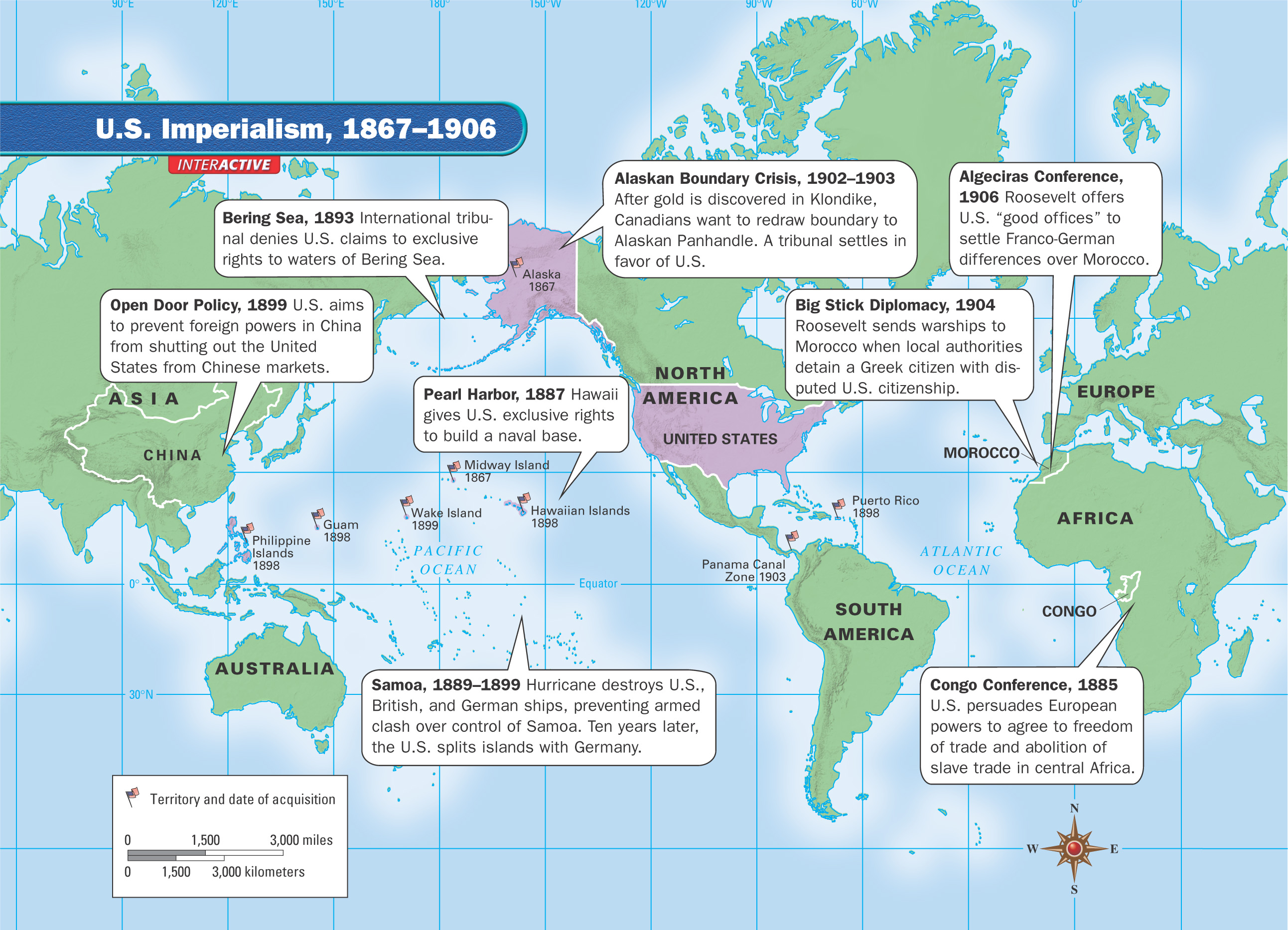 A world map shows 8 areas of U.S. Imperialism, 1867 - 1906
