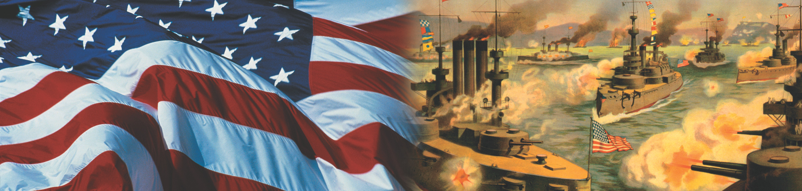Banner: American flag and ships exchanging cannon-fire