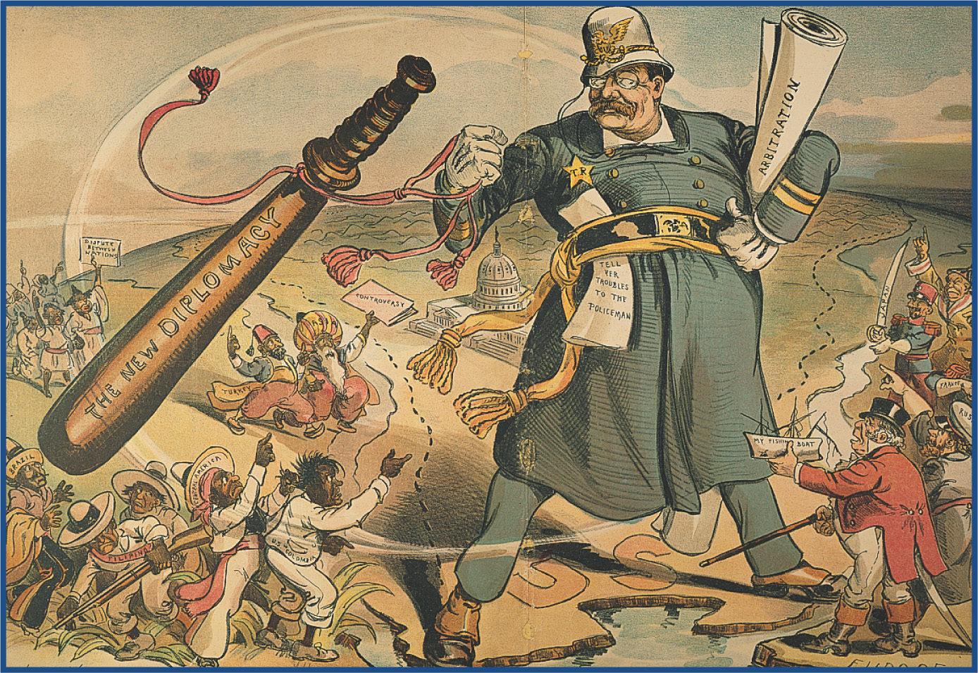 Cartoon: Roosevelt as a constable wields a billy club labeled, The New Diplomacy, while he holds a rolled-up document labeled, arbitration, under one arm.  People from various nations protest.