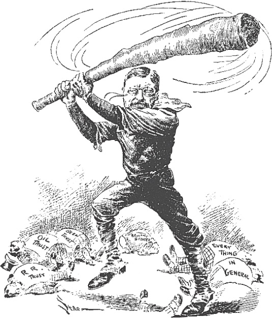 Cartoon: Roosevelt swings a big stick. Bodies lie at his feet.