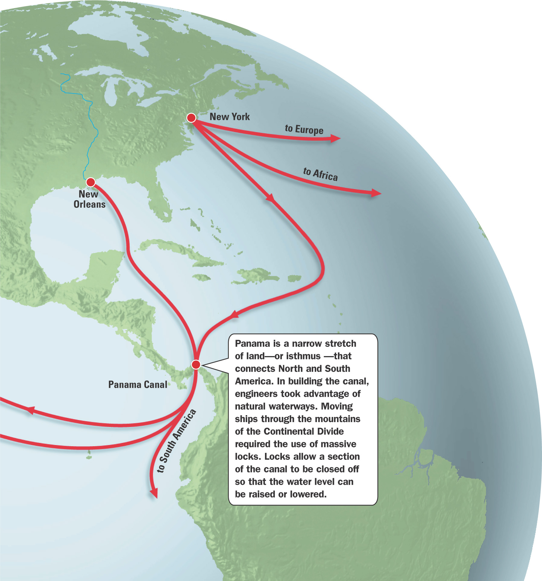 Illustration of North and South America shows routes from New Orleans and New York through the Panama Canal.