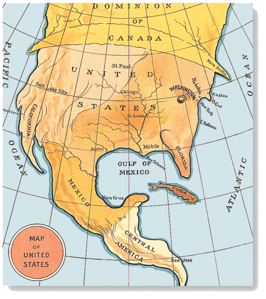 Cartoon map labeled Map of United States: The United States appears as Uncle Sam about to swallow a fish-like Cuba.